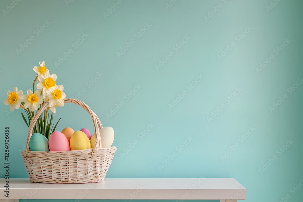 Poster easter basket with eggs and flowers: a rustic wicker basket overflows with vibrant, colorful easter 