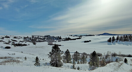 Aerial snow scene taken from drone on the Camas Prairie in Idaho from Highway 95 in winter