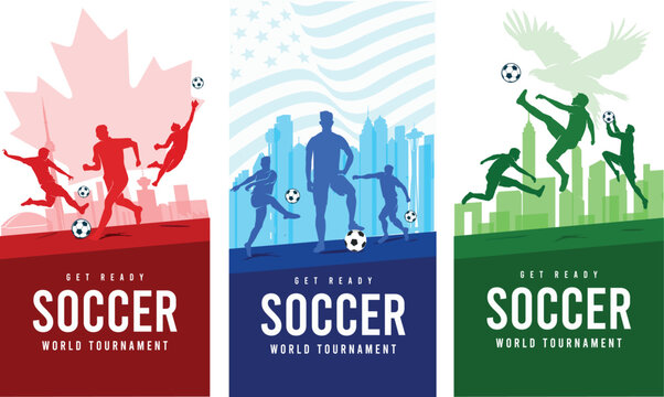 Great editable vector file of world soccer or football tournament players silhouette in the front of landmark buildings and colors as country symbol with modern style best for your design and print