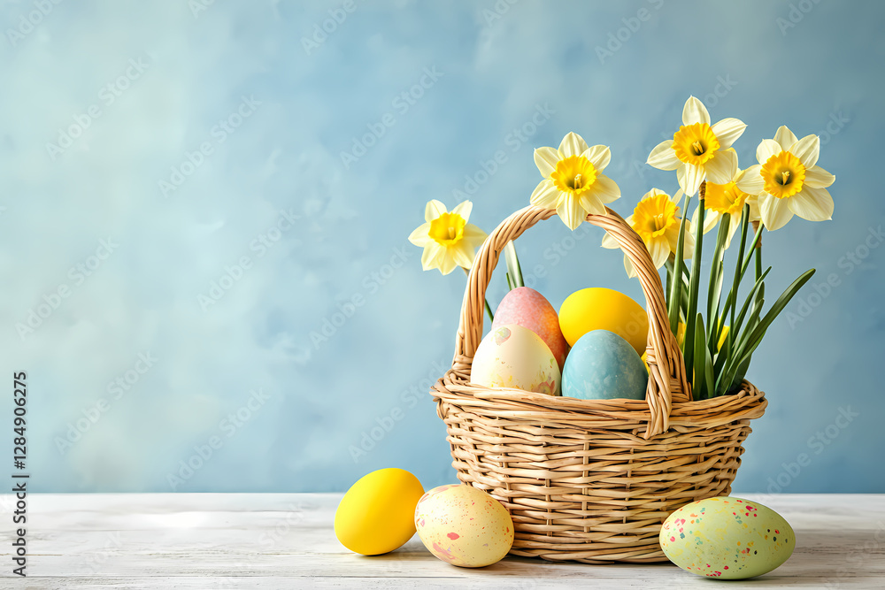 Poster easter basket delight: a charming wicker basket overflows with colorful painted eggs and delicate da