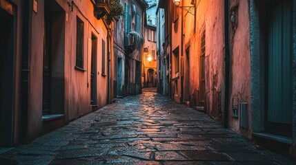 Fototapeta premium A dimly lit alleyway with a single flickering streetlamp, creating a moody and cinematic feel