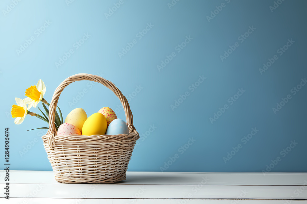 Poster easter basket of colorful eggs: a charming wicker basket overflows with a vibrant array of decorated