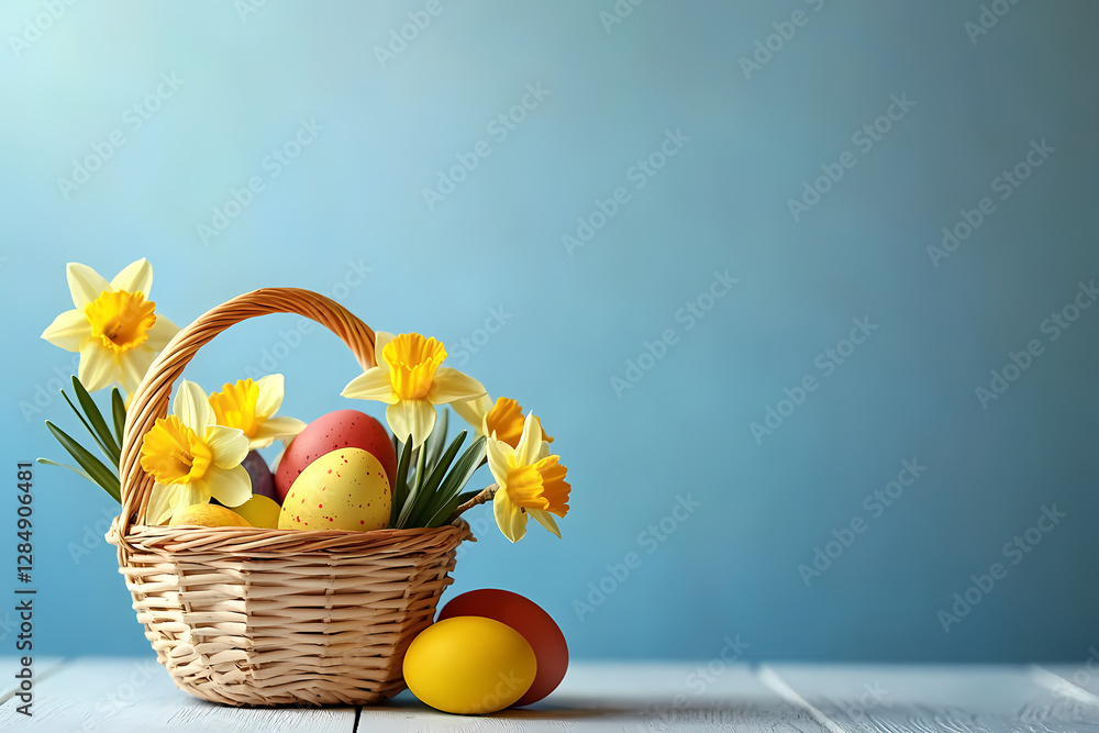 Poster easter basket and eggs with daffodils: a wicker basket overflowing with colorful decorated eggs and 