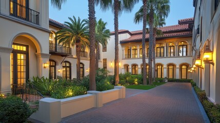 Chic brass wall lamps casting soft light on a Mediterranean-style villa at dusk