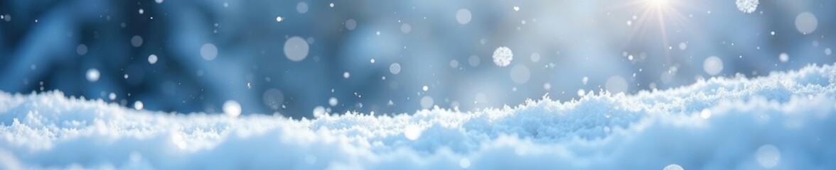 Glittery snowflakes fall gently on a white snowy landscape, frozen world, landscape, winter
