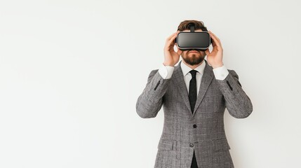 A businessman wearing a virtual reality headset stands against a plain background, showcasing the fusion of innovation and professional attire in the modern digital age.