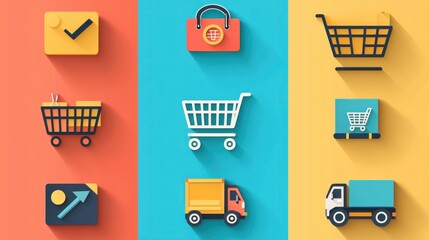 Colorful Digital Icons Representing Shopping Concepts and Delivery