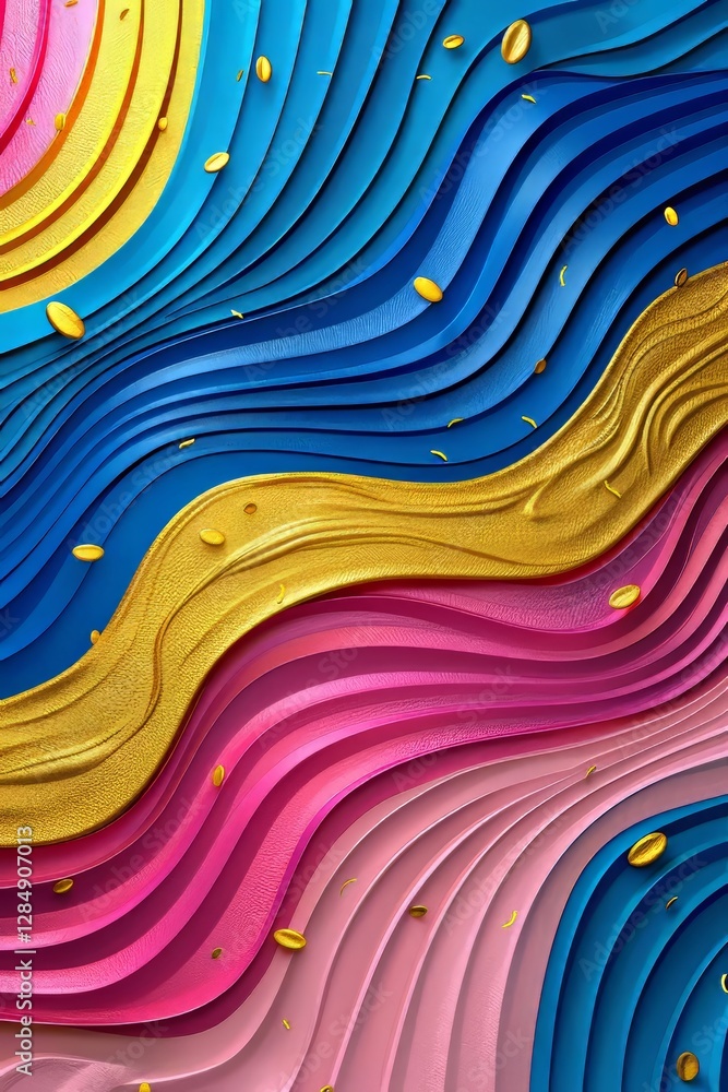 Poster an abstract design featuring a vibrant color gradient with flowing curves and spiral ribbon waves. g