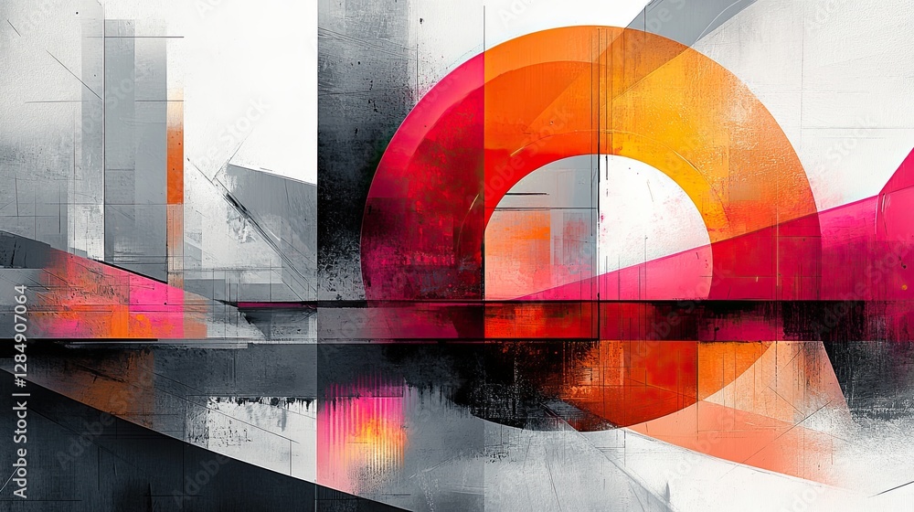Poster geometric abstract painting featuring various forms and saturated colors on white