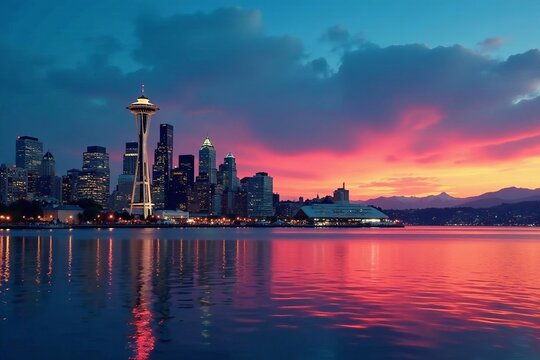 Urban skyline of Seattle downtown at sunset with city lights and reflection on water, buildings, sunset