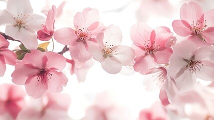 A close-up of delicate pink and white cherry blossoms against a light background.