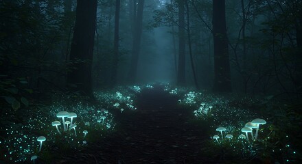 Glowing Mushrooms Forest Pathway Magical Night Ultra HD 4K