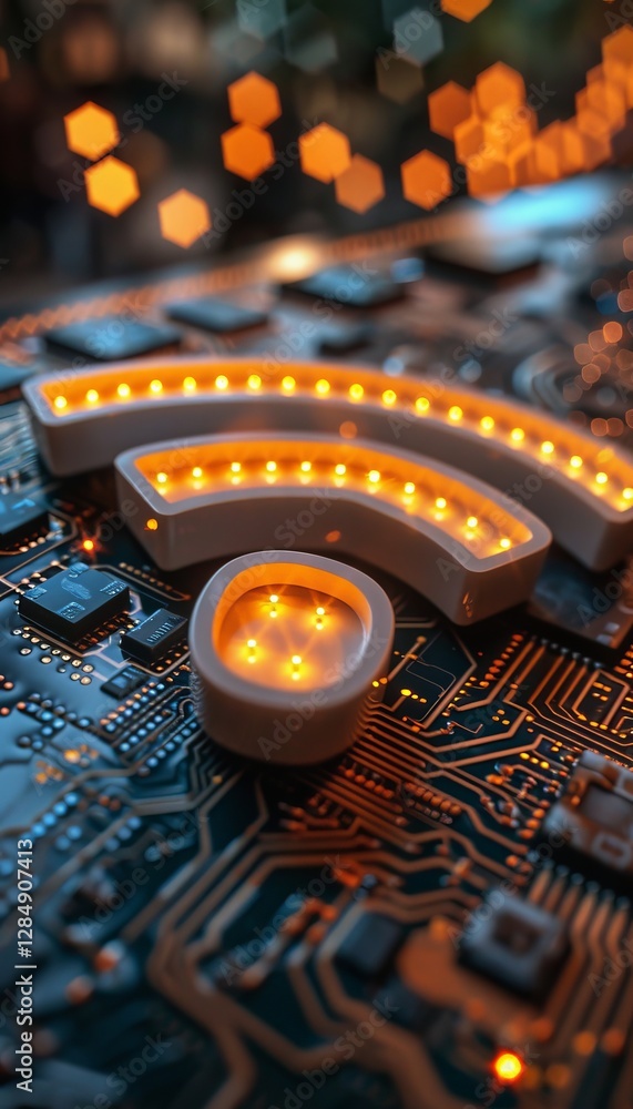 Poster a bright wi-fi symbol glows on a dark circuit board emphasizing modern wireless connectivity. the de