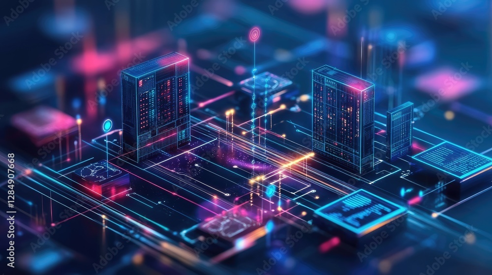 Poster corporate ai-driven research lab with smart data processing screens and big data analytics