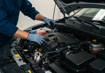 Fototapeta premium Car Maintenance: Mechanic Inspecting Engine Room and Performing Oil Change
