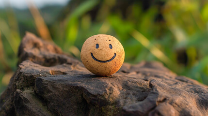 Obraz premium Happy smiley face rock sitting on a stone in a lush green environment during a sunny day