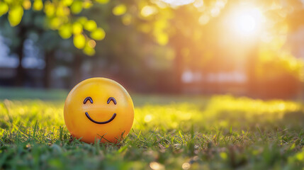 Smiling yellow ball on green grass during sunset in a park