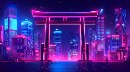 Futuristic torii gate in neon cyberpunk tokyo, vivid cityscape with holograms, towering buildings, and glowing signs. Futuristic Neon Samurai. Illustration
