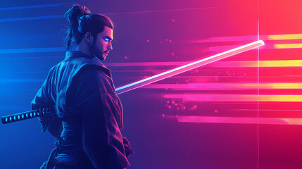 Japanese samurai with a katana sword on a background of neon lights in glitch art style. digital illustration. Futuristic Neon Samurai. Illustration