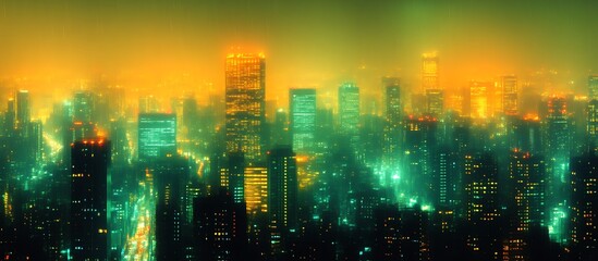 Obraz premium Night Cityscape Panorama Golden Yellow Green Lights