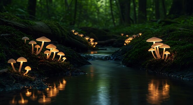 Glowing Mushrooms Forest Stream Night Photography Nature Landscape 4K