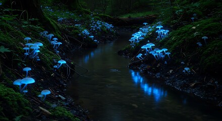 Glowing Mushrooms Forest Stream Night Photography Bioluminescent Fungi 4K