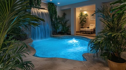 Obraz premium Serene Indoor Pool and Waterfall Oasis: A Luxurious Spa Retreat