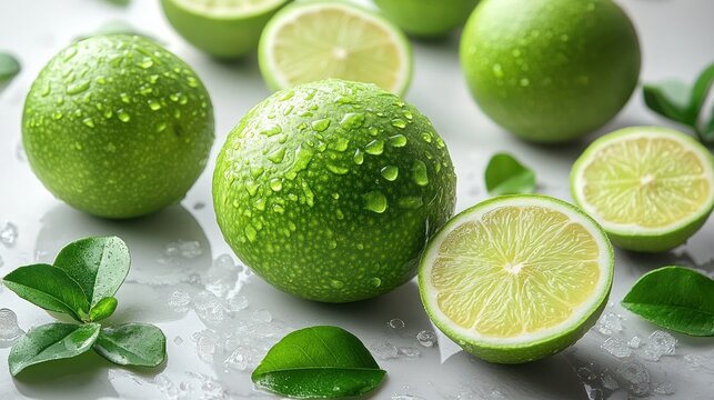 Fresh limes with water droplets on a surface with ice and leaves.  Possible use food photography