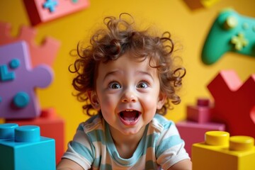 Happy curly toddler boy laughing playing with colorful plastic building blocks indoors, joyful childhood fun, early learning toys, vibrant playroom background, educational activity for kids excitemen