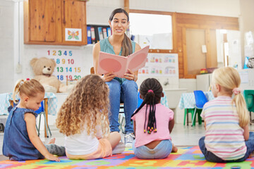 Class, woman teacher and reading book to children, kindergarten attention and listening to story....