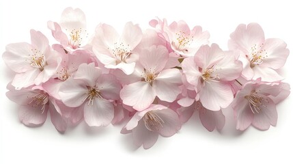 A cluster of delicate pink cherry blossom flowers arranged aesthetically on a white background.