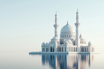 A Beautiful White Mosque Situated on the Clear Reflective Water