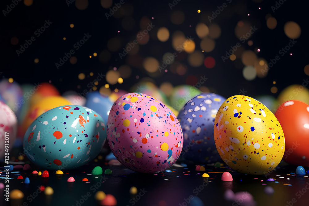 Poster colorful speckled easter eggs: an array of vibrantly colored easter eggs, adorned with speckled patt