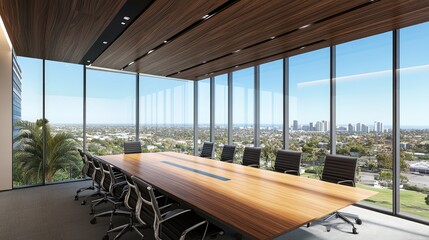 Fototapeta premium Empty boardroom with a large wooden table, chairs, and a cityscape view in the background
