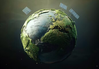 Fototapeta premium Green Earth with Solar Panels Sustainable Energy Concept, solar power, renewable energy