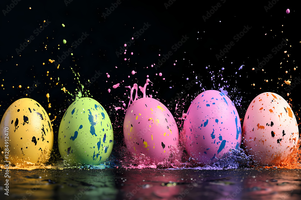 Poster colorful easter eggs splashing: a vibrant and dynamic composition of colorful easter eggs, splattere