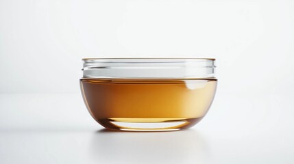 Amber Liquid in Elegant Glass Bowl Studio Shot Product Photography Clean Background Golden Honey Texture Luxury Cosmetic Container High Resolution Image Detailed View Professional Clear Glassware     