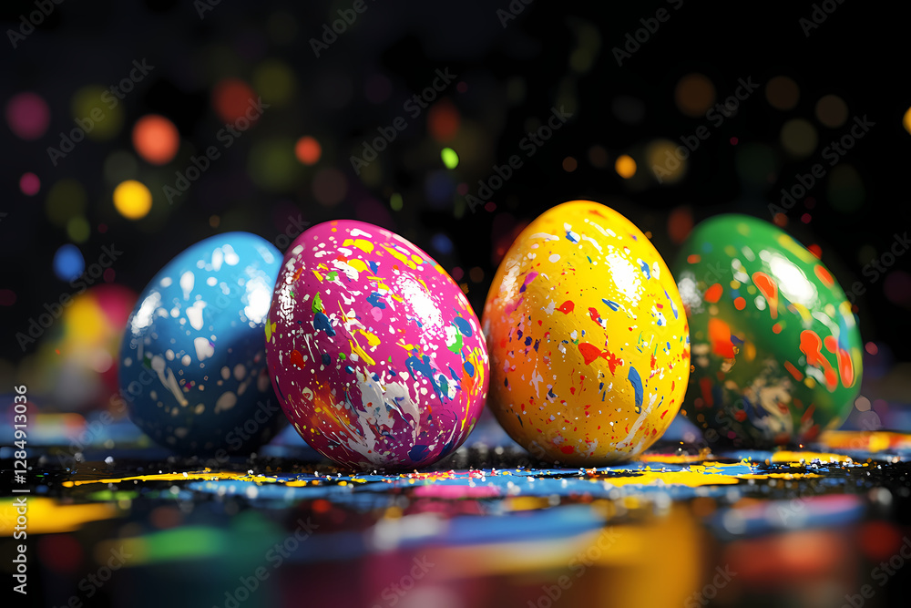 Poster colorful easter eggs: a vibrant array of easter eggs, adorned with colorful paint splatters and illu