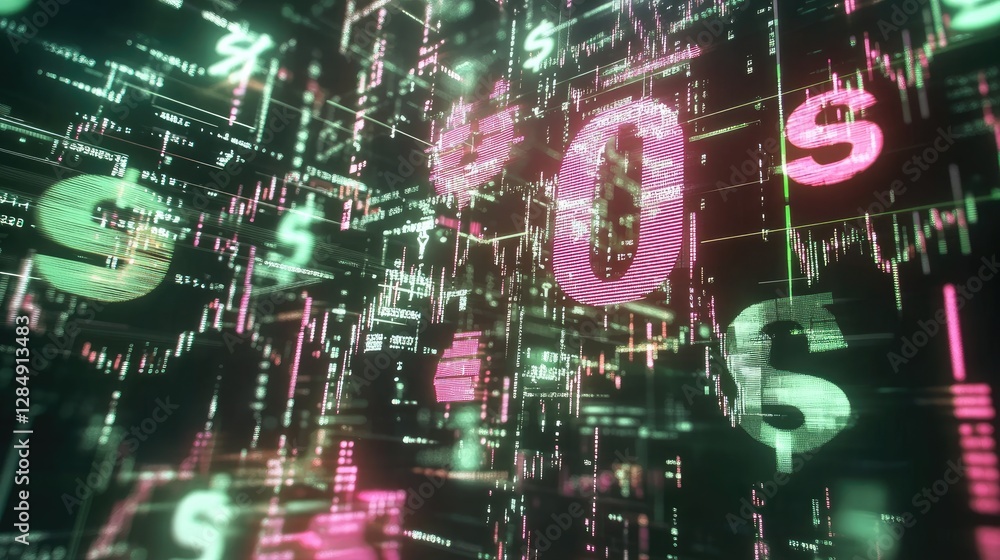Poster futuristic finance concept with floating digital elements like currency symbols, stock graphs, and f
