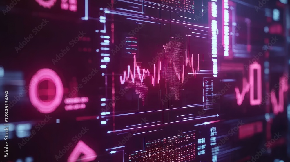 Poster futuristic finance concept with floating digital elements like currency symbols, stock graphs, and f
