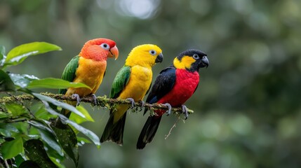 Three colorful parrots on branch in rainforest