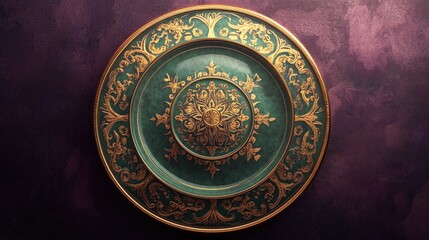Fototapeta premium A symmetrical Thai pattern ceramic plate with rich green and gold details, placed on a dark purple background