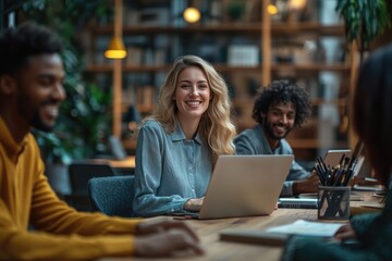 Group of young professionals engaged in collaborative work at a modern co-working space during the day