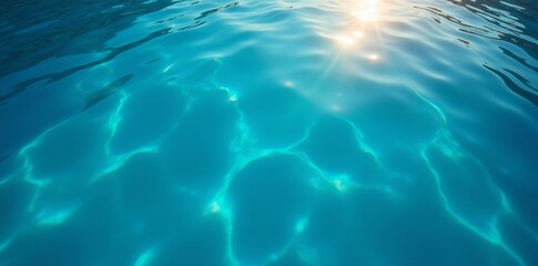 Top down shot of tranquil blue water with sunlight reflections, pond, serene