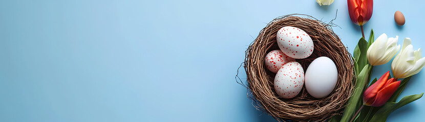 Obraz premium Springtime Nest: A charming nest holds speckled eggs, adorned by vibrant tulips against a pastel backdrop. It's a scene of renewal and the promise of new beginnings.