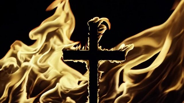 Slow Motion Jesus Cross Symbol on Burning Yellow Flame &ndash; Fixed Camera Perspective, Glowing Fire Illuminating Sacred Religious Icon, Dark Background Contrast, Spiritual and Dramatic Atmosphere,