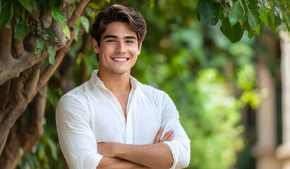 A young handsome man student is smiling and standing with his arms crossed in front of a green tree.