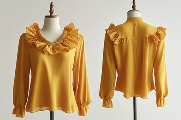 Stylish yellow blouse with ruffle collar and long sleeves for women's fashion