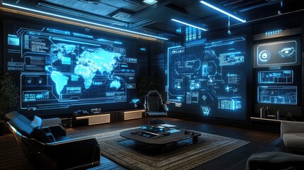 Fototapeta premium High-tech office setup with a futuristic digital strategy planning board and AI-driven projections