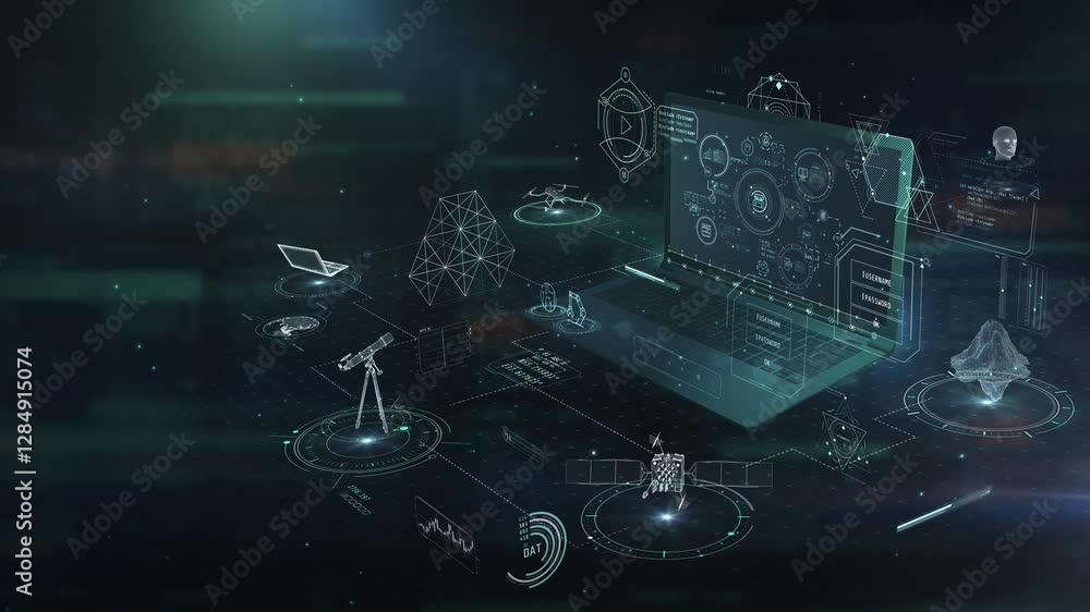 Poster laptop showing futuristic interface with astronomy and science research icons